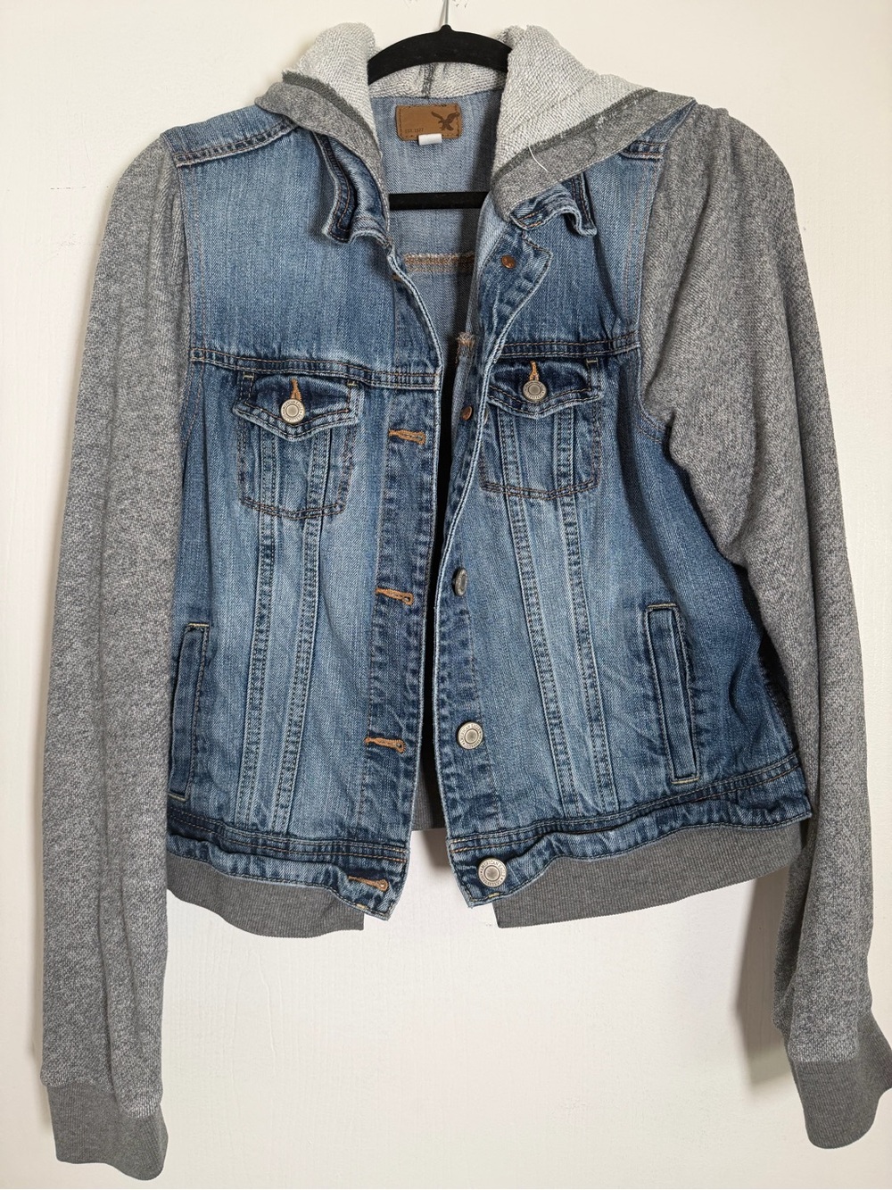 American Eagle Knit Sleeve Denim Hooded Jacket Medium